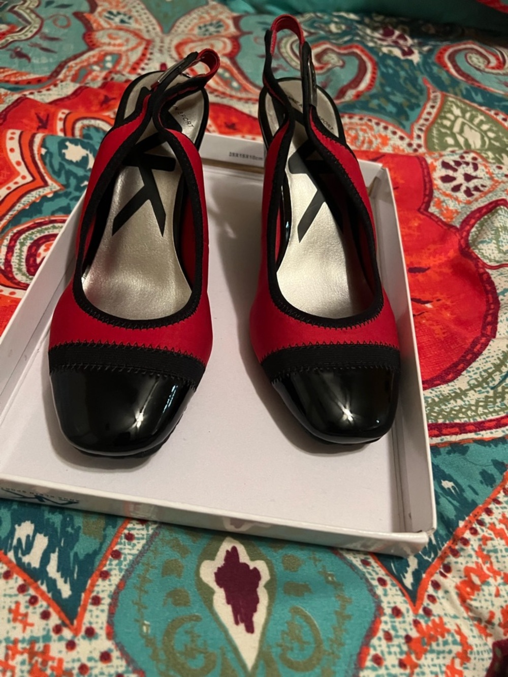 Red and Black Slingback Block Heel Pumps
